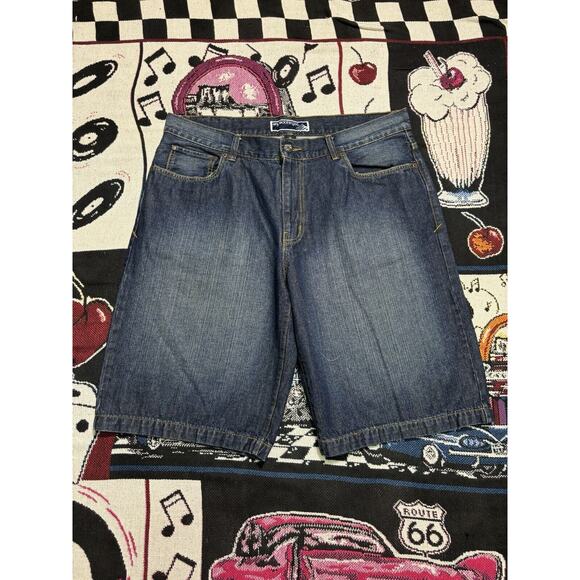 Vintage 90s Enyce Jean Shorts Baggy Custom Embroidered Size 38 Cross Denim Y2K - Picture 4 of 8